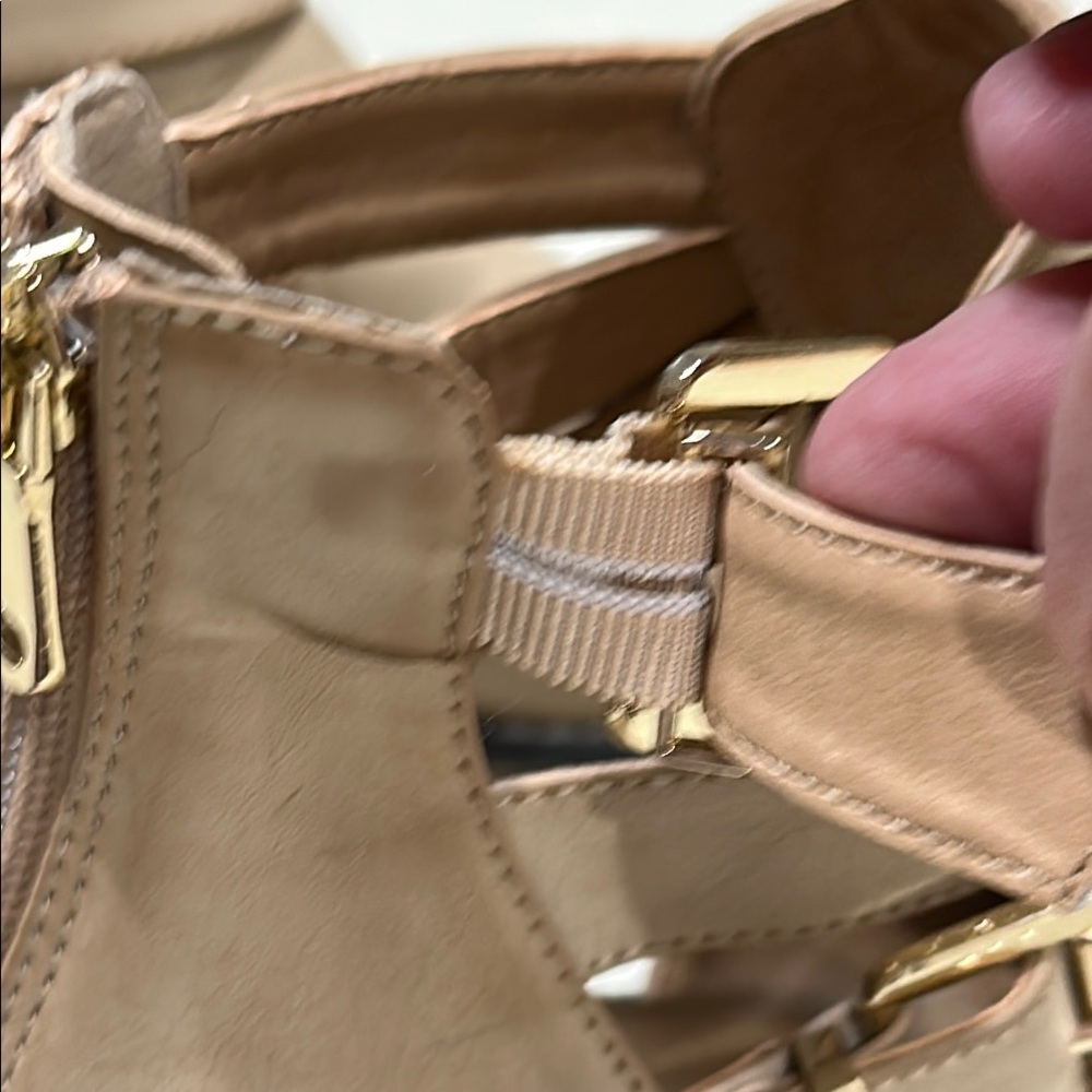 Tan Ankle Boots with Strappy Design and Chunky Heel - Picture 6 of 8